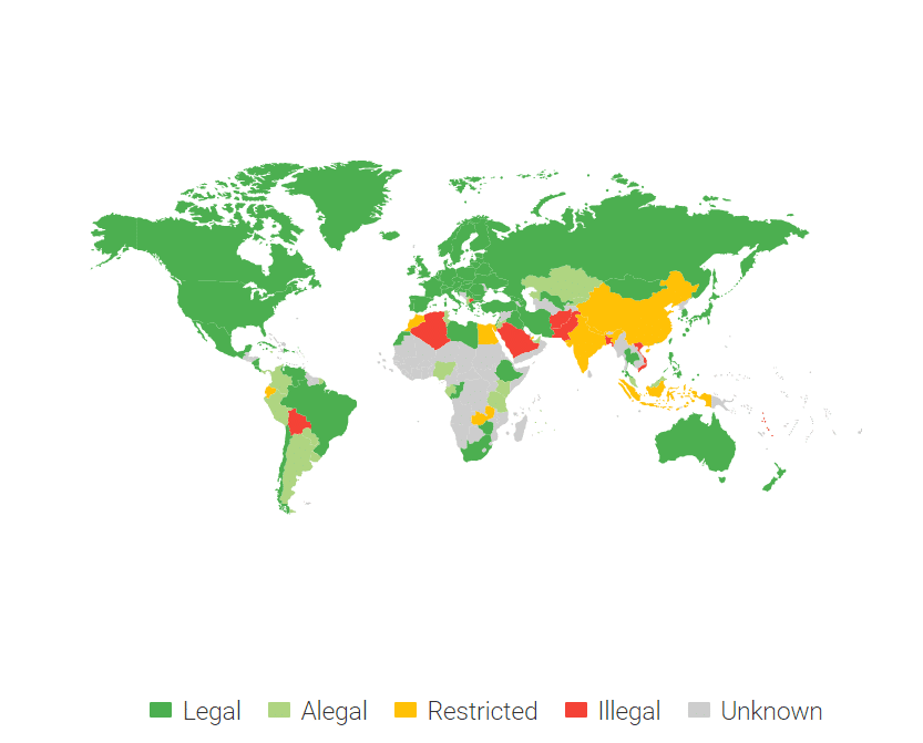 ビットコインの違法性をまとめた世界地図
