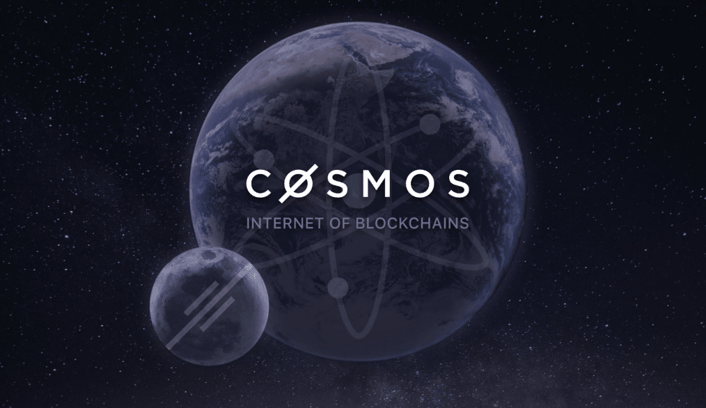 仮想通貨プロジェクトCosmos（コスモス）のロゴと、宇宙空間上に浮かび上がる地球