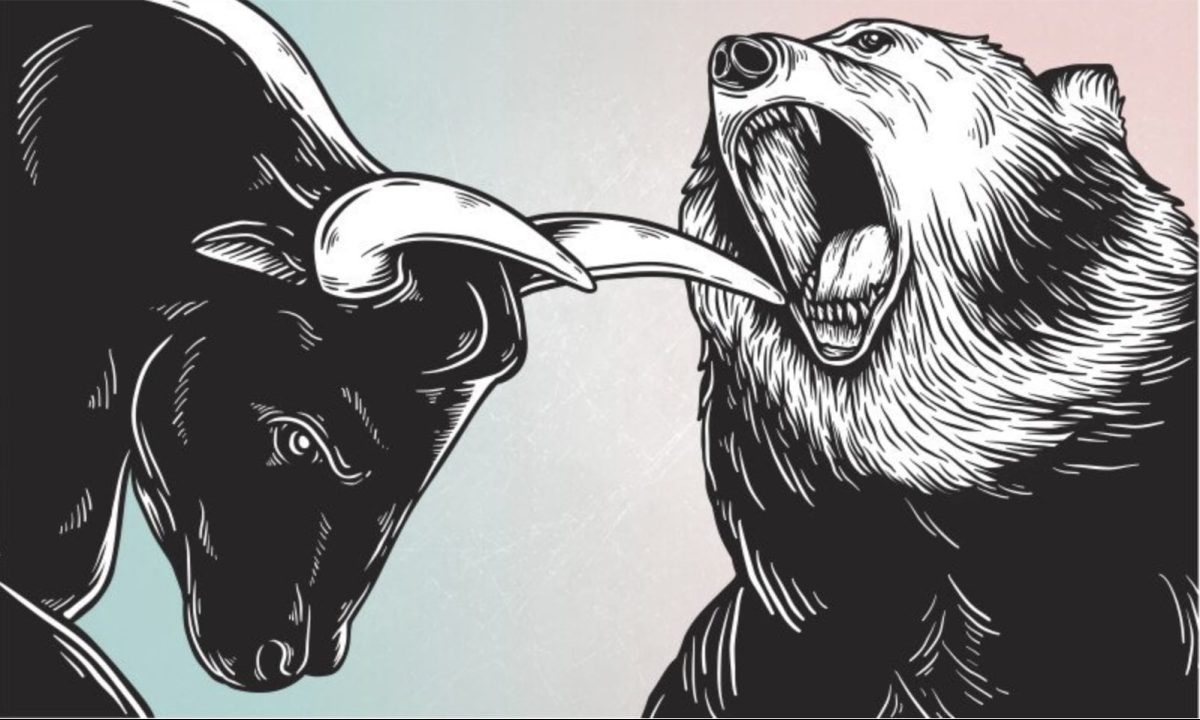 牛（Bull）と熊（Bear）のイラスト。仮想通貨の強気相場と弱気相場を象徴する。