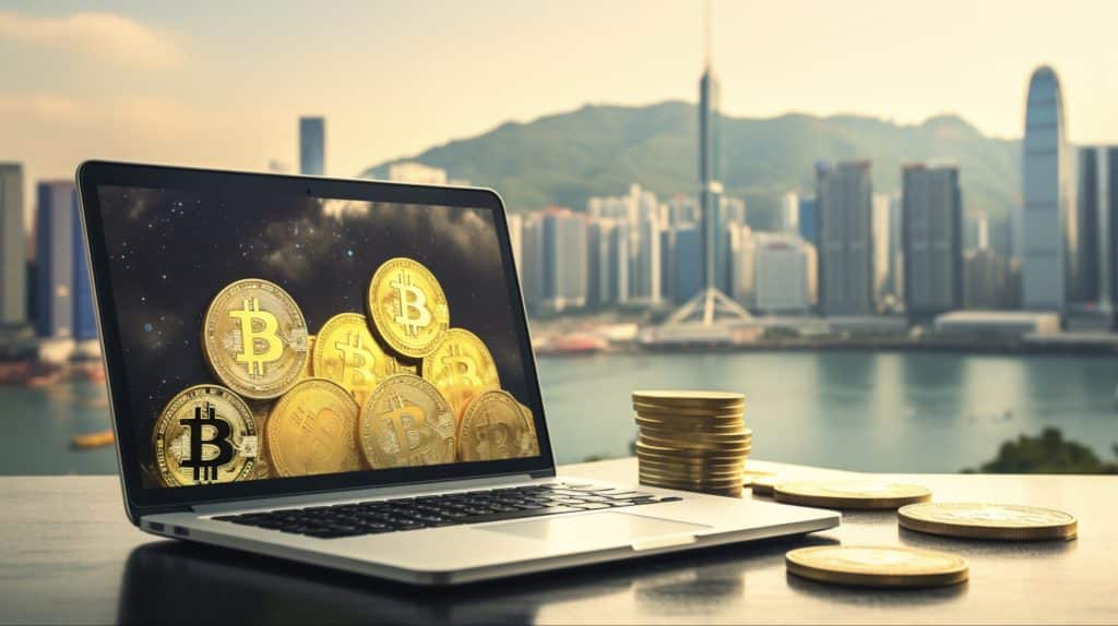 香港の町並み、PC、ビットコイン、仮想通貨