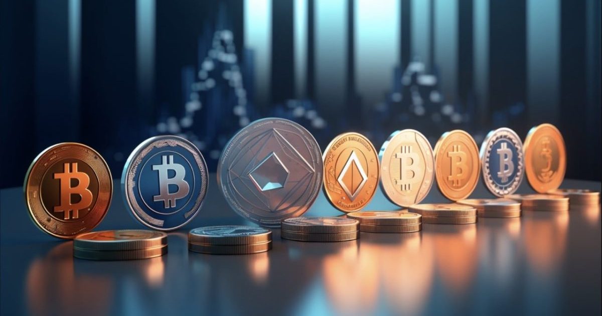 色々な仮想通貨のロゴが刻印された硬貨が並んでいる