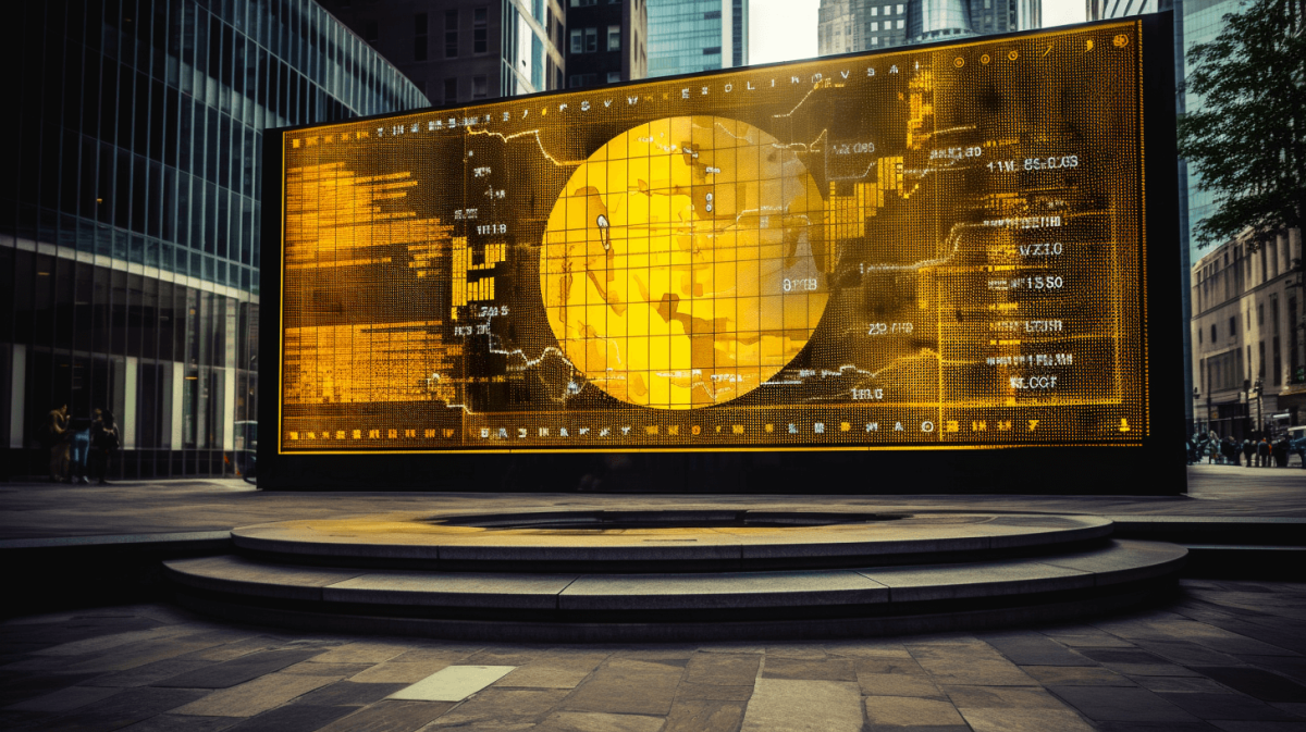 オフィス街の広場に佇む電光掲示板。何らかのデータと地球を模したと思われる金色の球体が表示されている。